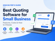 Best quoting software for small business banner showing a laptop with quote management features, approvals, tracking, and faster deal closing.
