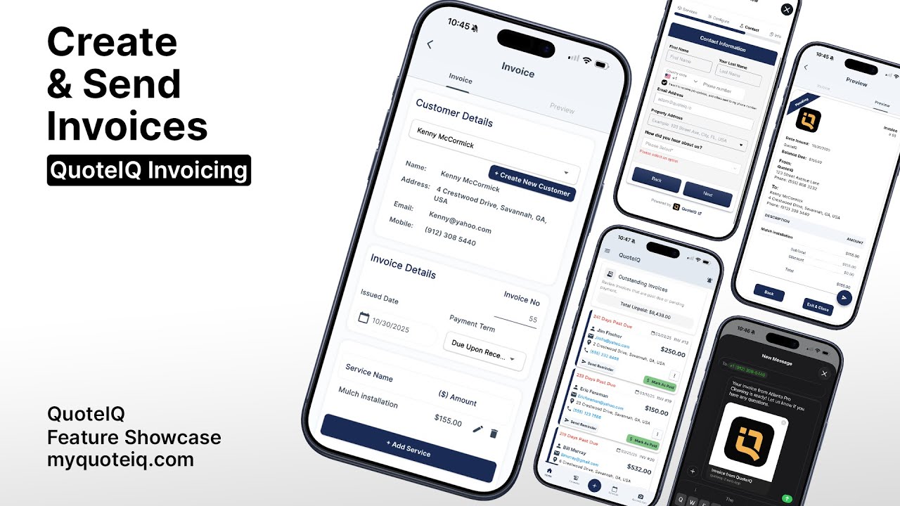 Mobile quoting app screens showing quote creation, sending, and management on smartphones