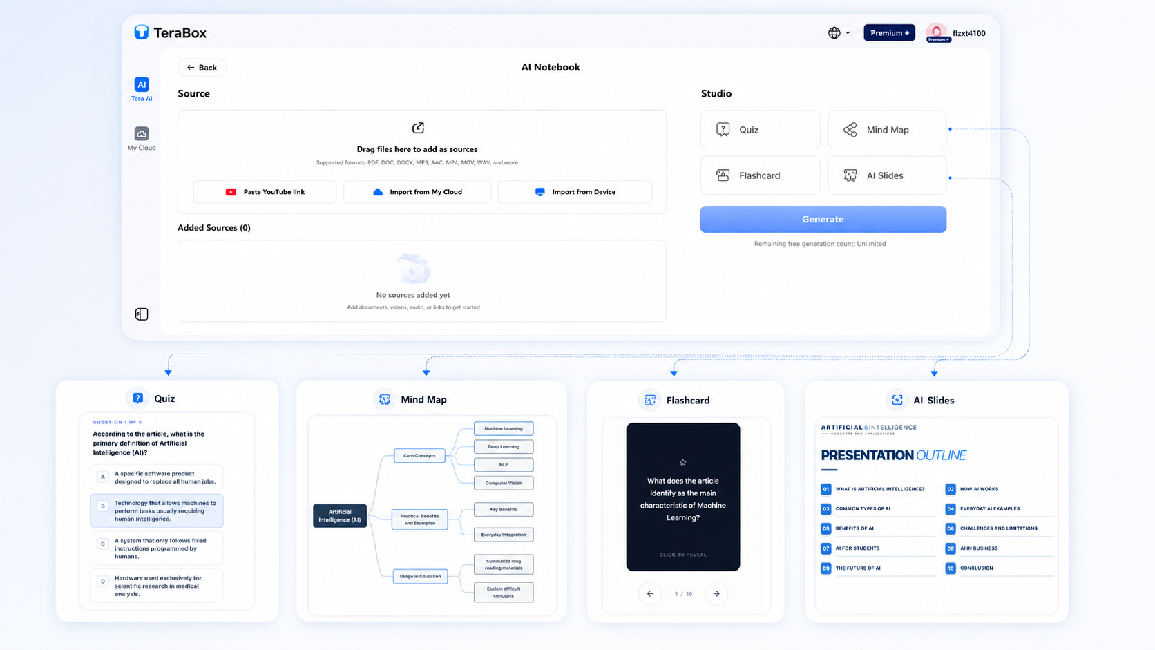 TeraBox June 2026 Product Updates 8 TeraBox AI Notebook interface showing source upload and generated Quiz, Mind Map, Flashcard, and AI Slides outputs