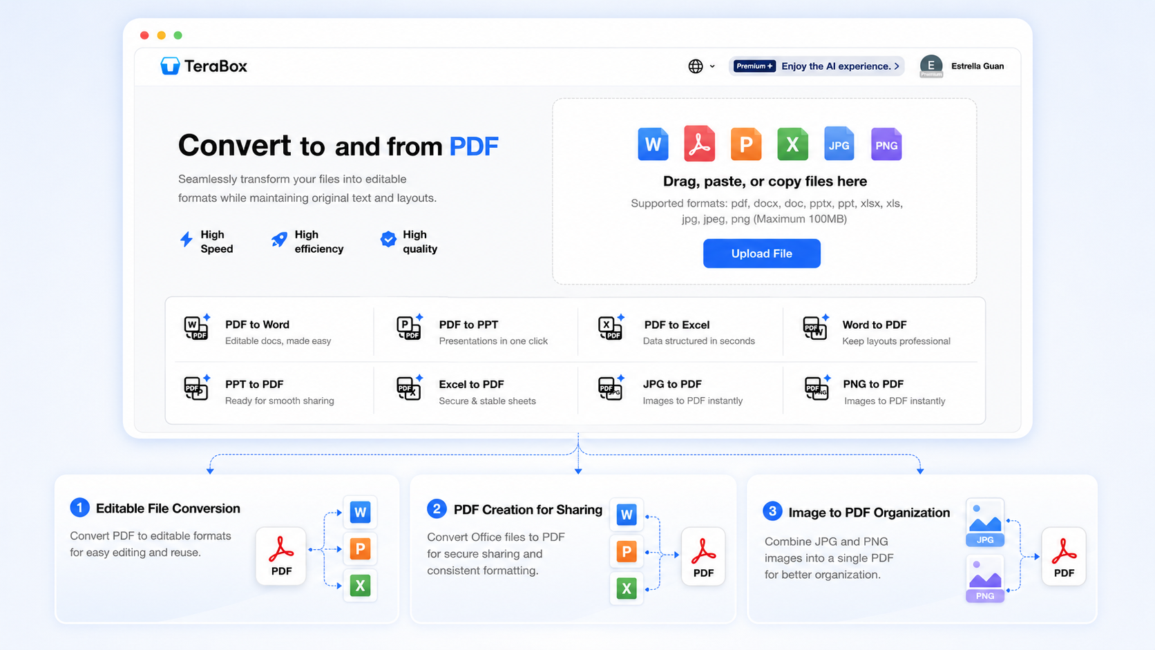 TeraBox June 2026 Product Updates 9 TeraBox Format Conversion interface showing PDF Word PPT Excel JPG and PNG conversion options