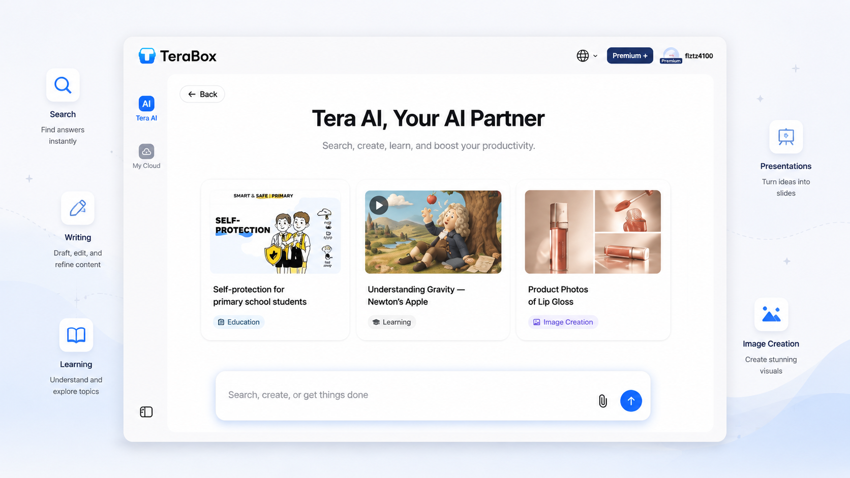 TeraBox June 2026 Product Updates 7 TeraBox Tera AI interface showing AI search, writing, learning, present
