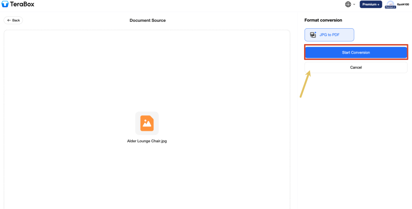 Uploaded JPG file ready for PDF conversion in TeraBox