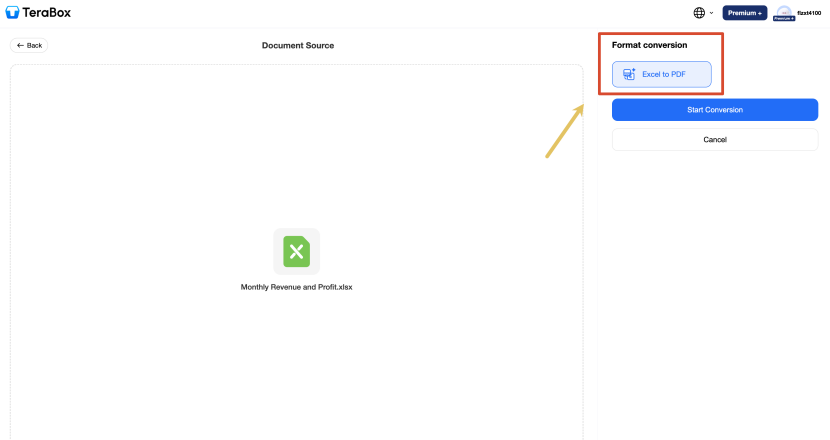 A Practical Way to Convert XLSX to PDF for Sharing Across Mac and Windows 10 Selecting Excel to PDF and starting the conversion in TeraBox