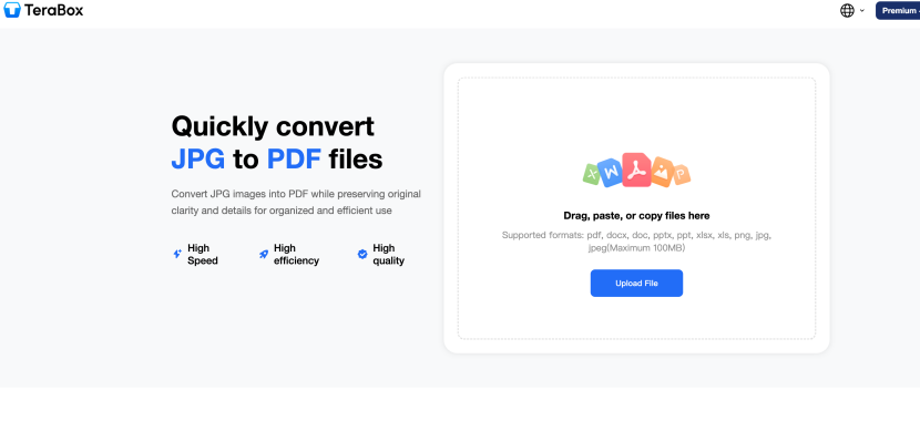 TeraBox JPG to PDF upload interface with supported file formats