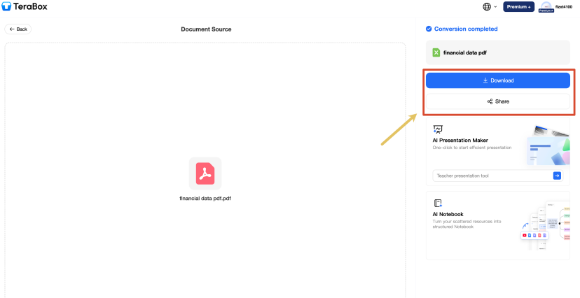 Completed TeraBox PDF to Excel conversion with download option