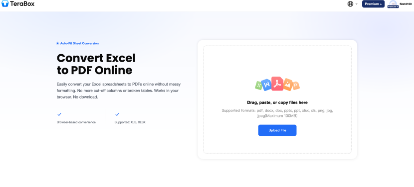 A Practical Way to Convert XLSX to PDF for Sharing Across Mac and Windows 9 Convert XLSX to PDF with TeraBox: upload page supporting XLS and XLSX files