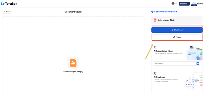 TeraBox conversion completed with Download and Share options