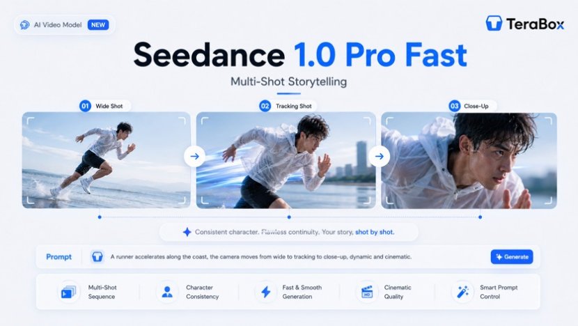 Seedance 1.0 Pro Fast generating a consistent multi-shot video sequence from wide shot to close-up.
