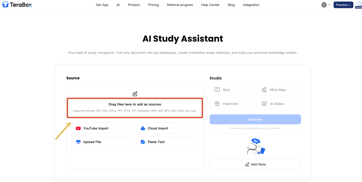 TeraBox AI Study Assistant interface for importing YouTube videos and study files.