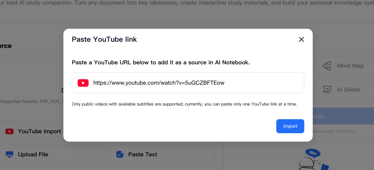 Paste a YouTube video link into TeraBox AI Study Assistant for import.