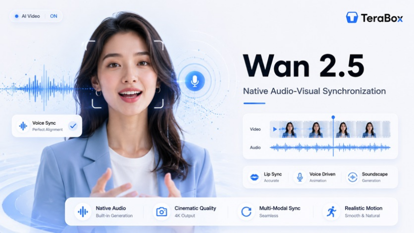 Wan 2.5 creating synchronized video, voice, lip movement, and environmental audio.