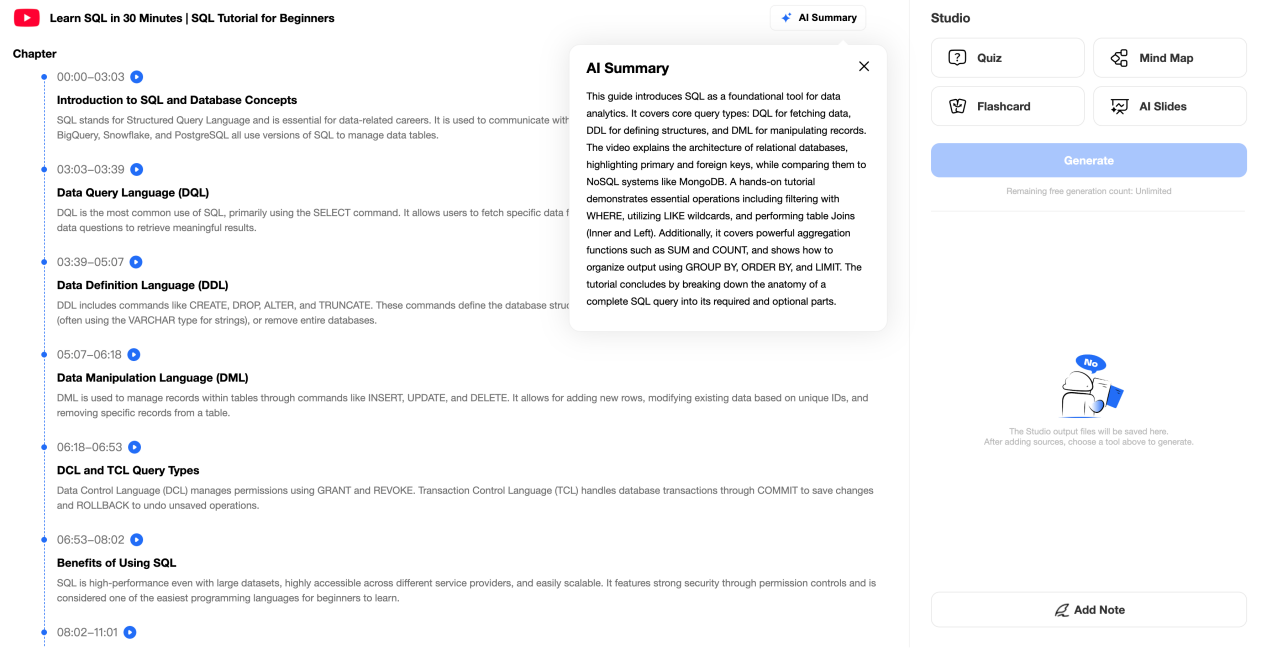 SQL tutorial organized into timestamped chapters with an AI-generated summary in TeraBox.