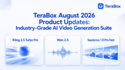 TeraBox August 2026 AI video update featuring Kling 2.5 Turbo Pro, Wan 2.5, and Seedance 1.0 Pro Fast.