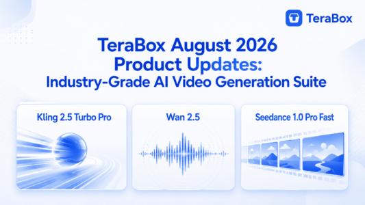 TeraBox August 2026 AI video update featuring Kling 2.5 Turbo Pro, Wan 2.5, and Seedance 1.0 Pro Fast.