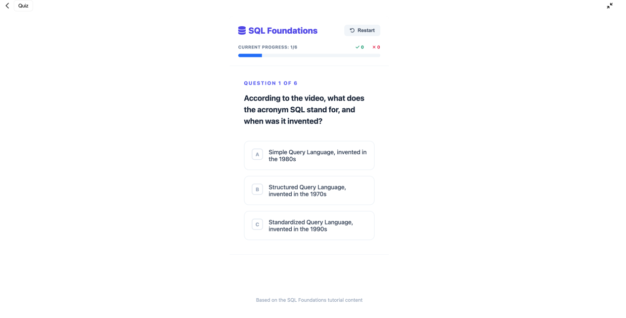 AI-generated SQL practice quiz created from a YouTube tutorial in TeraBox.