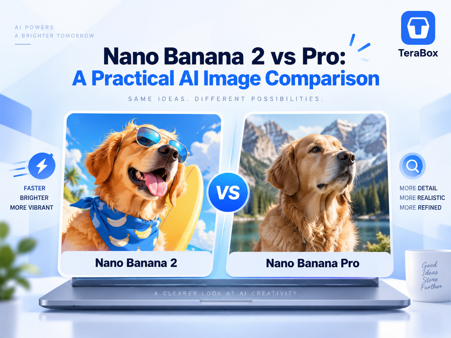 Banner comparing Nano Banana 2 and Nano Banana Pro for AI image generation, showing a vibrant style versus a more realistic detailed result.