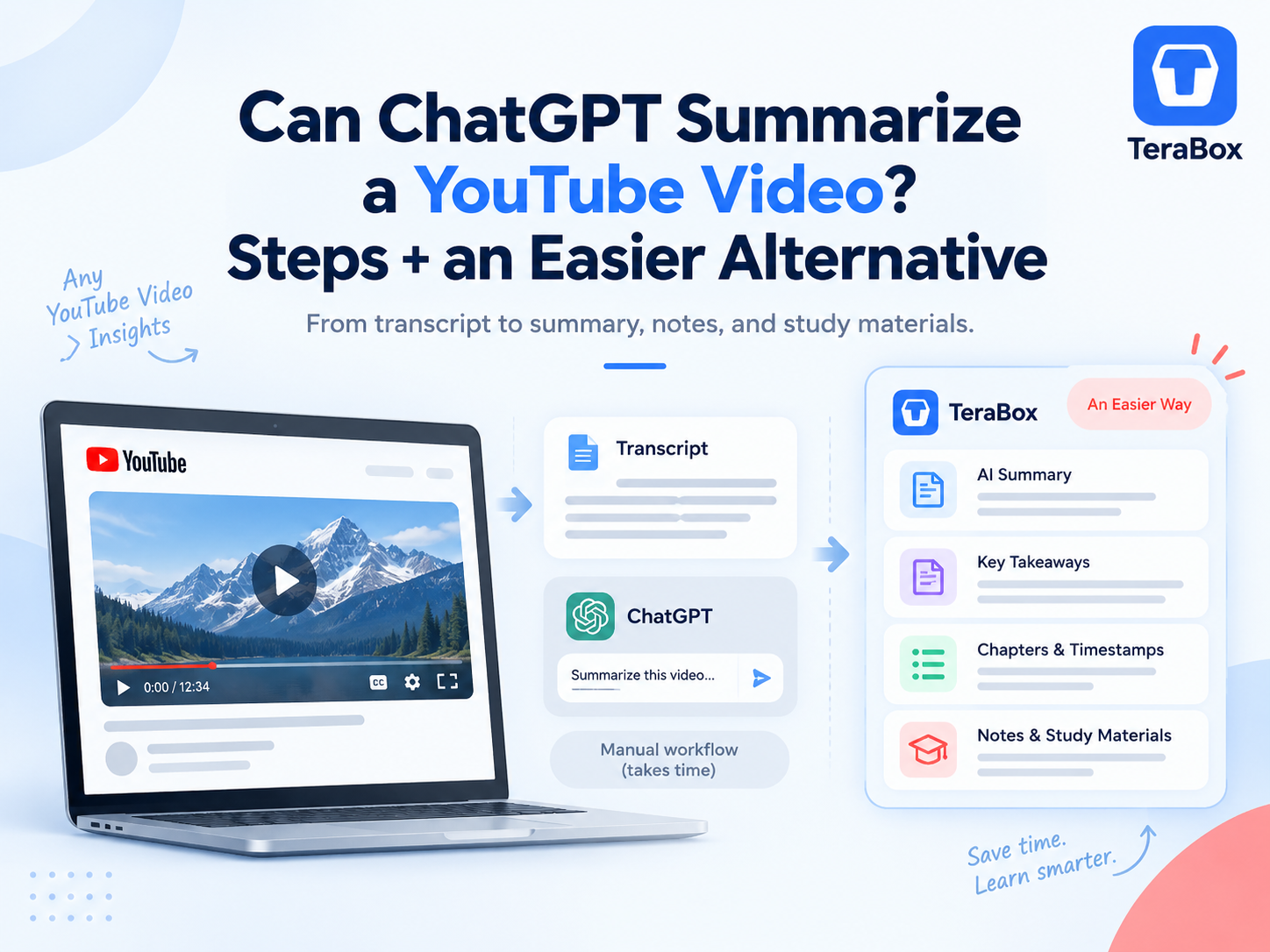 Banner showing a YouTube-to-summary workflow with ChatGPT and TeraBox AI Notebook for generating summaries, key takeaways, chapters, and study materials.