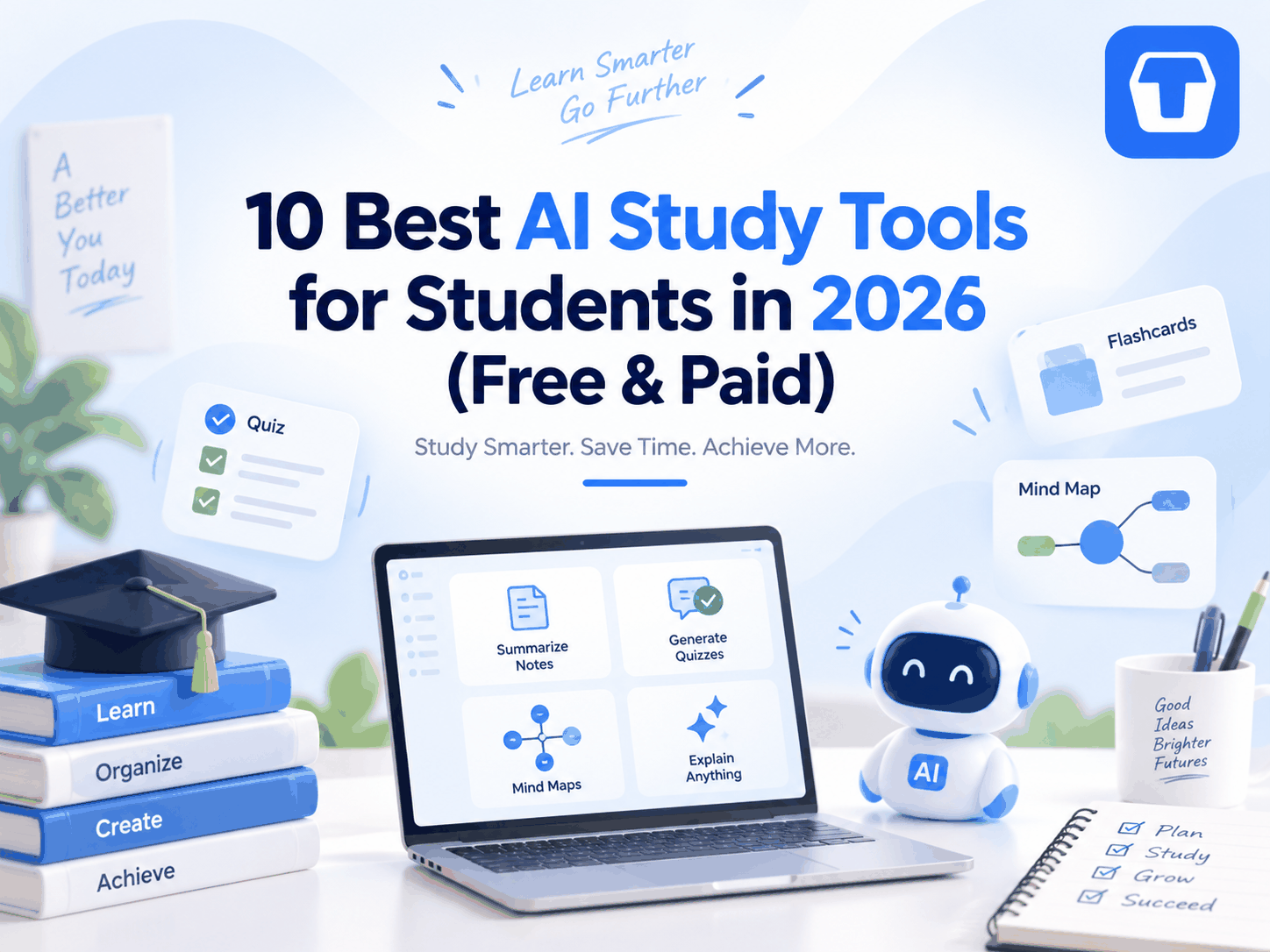 Banner for the 10 best AI study tools for students in 2026, featuring quizzes, flashcards, mind maps, and AI learning tools.