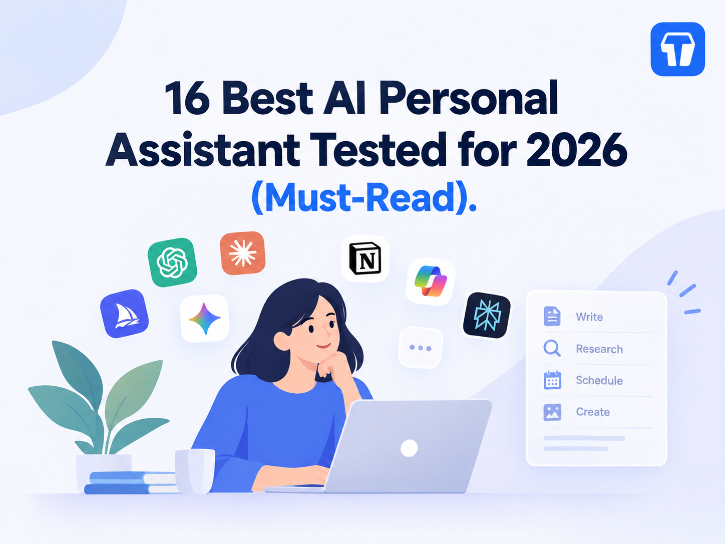 Banner for 16 AI personal assistants tested for 2026, featuring an AI robot and productivity tools.