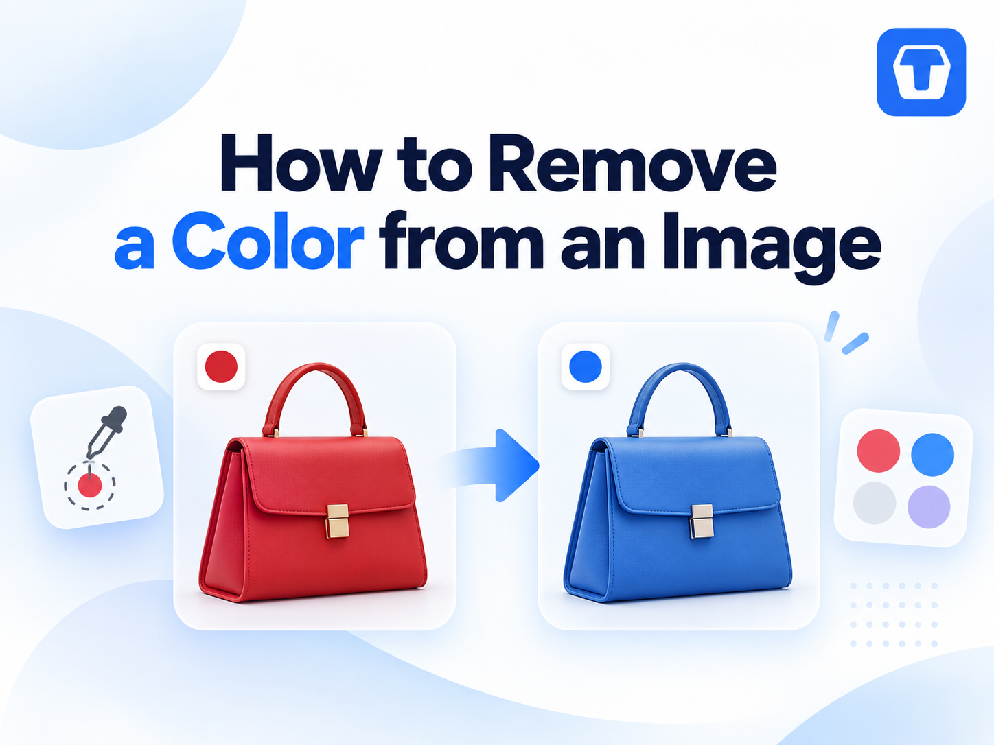 Banner showing a red handbag changed to blue for a guide on how to remove a color from an image.