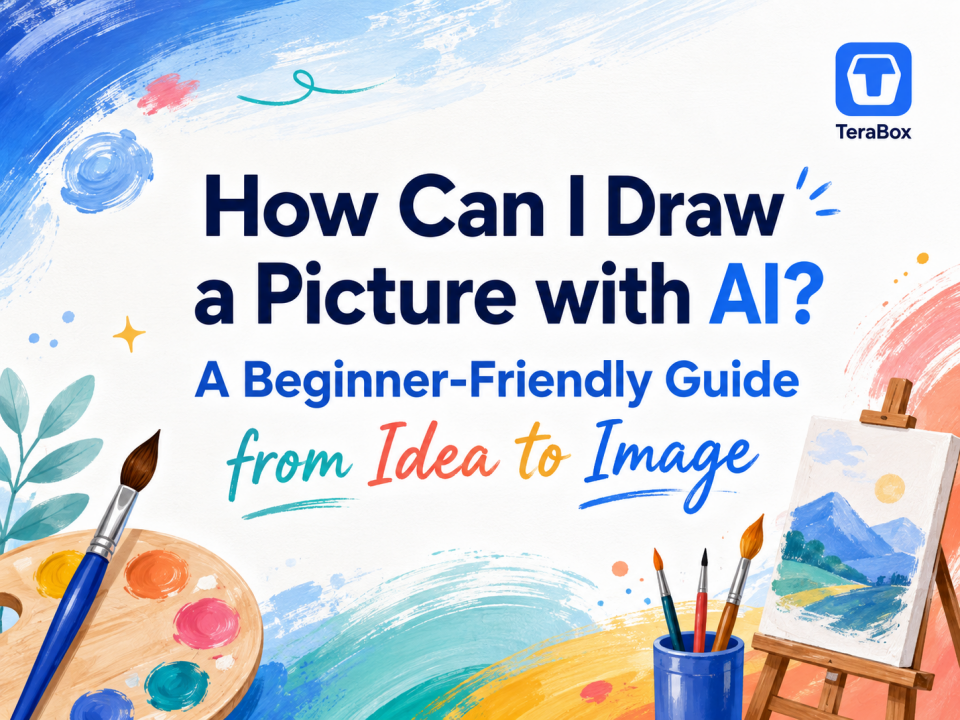 Banner for an AI drawing guide featuring the title “How Can I Draw a Picture with AI? A Beginner-Friendly Guide from Idea to Image,” with paint brushes, a palette, an easel, and the TeraBox logo.
