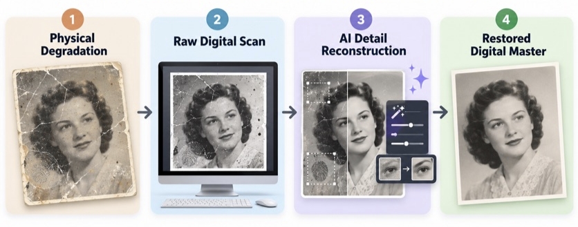 Old photo digitization and AI restoration workflow