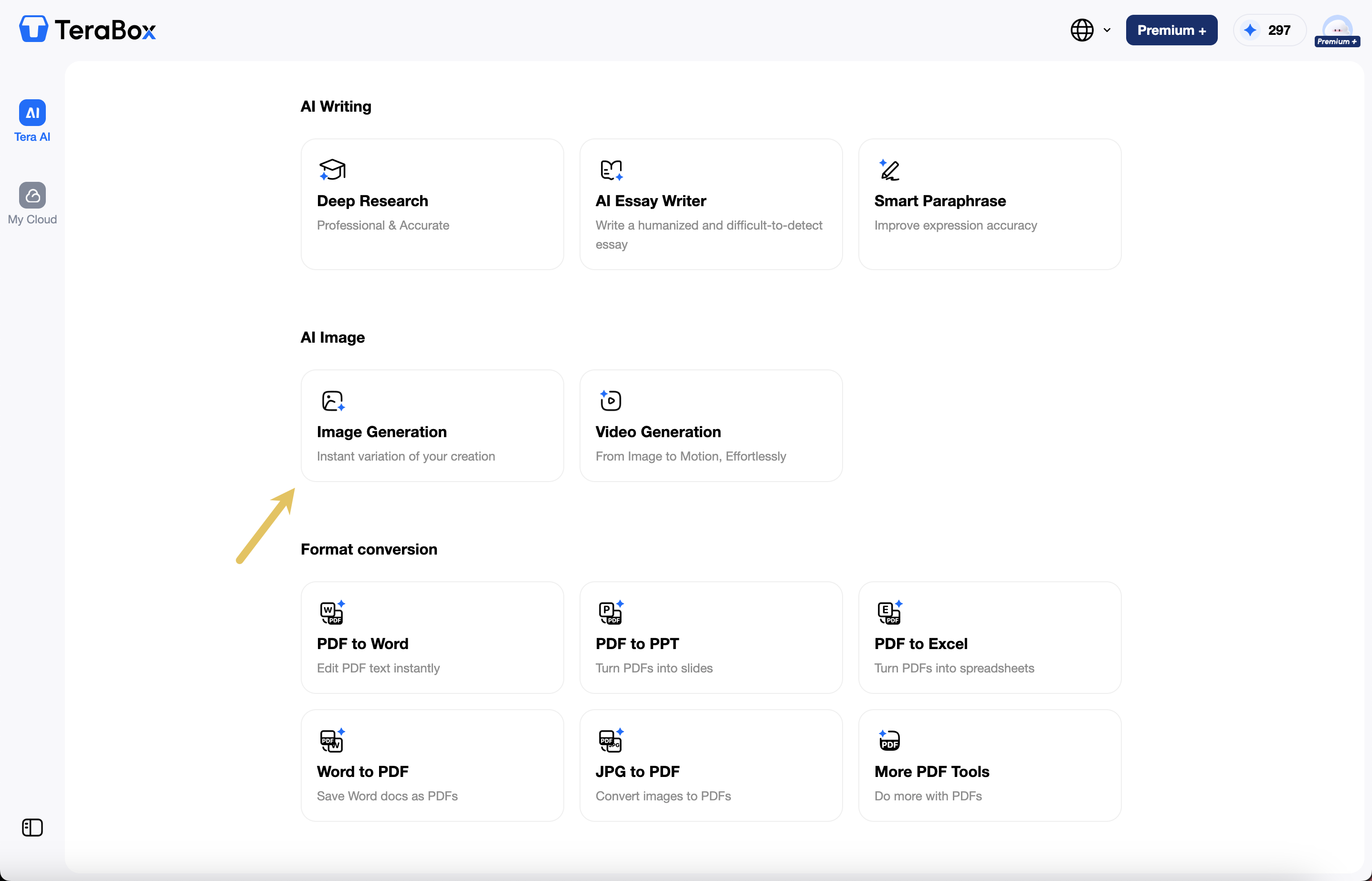 TeraBox AI Image Generation dashboard